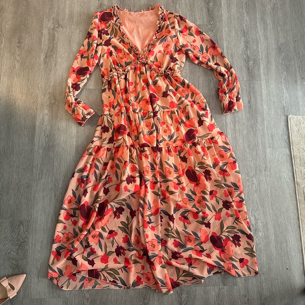 Floral V-Neck Maxi Dress - Red and Pink